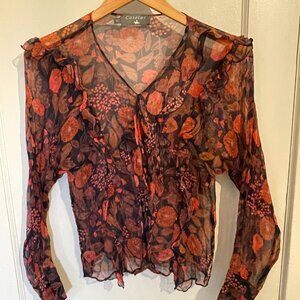 Cotelac Sheer Floral Long Sleeve Blouse 100% Silk sz 2 (eq. to size 8)